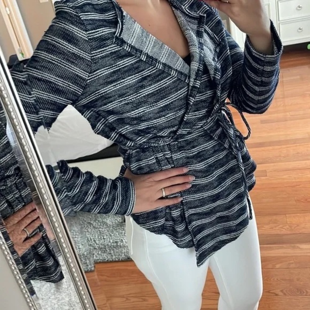BCBGeneration tie front navy stripe blazer Asymetrical Drape Front Jacket